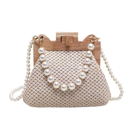 FVCTGHZ Schöne Perlenkette Strohtasche Damen Handgewebte Handtaschen Damen Holz Rattan Schulter Umhängetasche(Beige 1PC) von FVCTGHZ