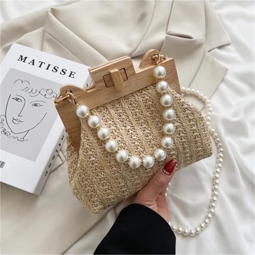 FVCTGHZ Schöne Perlenkette Strohtasche Damen Handgewebte Handtaschen Damen Holz Rattan Schulter Umhängetasche(Khaki 1PC) von FVCTGHZ