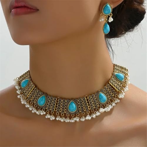 FVCTGHZ Türkis Stein Chunky Halskette Ohrringe for Frauen Vintage Simulierte Perle Dekoration Schmuck Set FVCTGHZ Türkis Stein Chunky Halskette Ohrringe for Frauen Vintage Simulierte Perle Dekoration Schmuck Set von FVCTGHZ