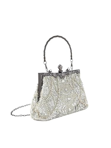 FVCTGHZ Vintage Trend Schwerindustrie Stickerei Blume Perlen Hand-gehalten Abend Tasche for Party Hochzeit(Silver) von FVCTGHZ