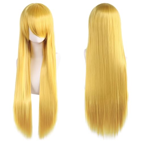 Haar Extensions Zopf Haarteil 32" 80cm Long Straight Natural Hair Cosplay Wigs with Bangs Heat Resistant Synthetic Colorful Halloween Cosplay Anime Costume Party Daily Use Wigs for Women, Light Gold(B von FVCTGHZ