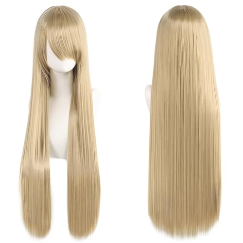 Haar Extensions Zopf Haarteil 32" 80cm Long Straight Natural Hair Cosplay Wigs with Bangs Heat Resistant Synthetic Colorful Halloween Cosplay Anime Costume Party Daily Use Wigs for Women, Light Gold(L von FVCTGHZ