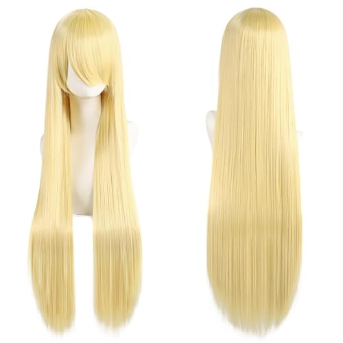 Haar Extensions Zopf Haarteil 32" 80cm Long Straight Natural Hair Cosplay Wigs with Bangs Heat Resistant Synthetic Colorful Halloween Cosplay Anime Costume Party Daily Use Wigs for Women, Light Gold(L von FVCTGHZ