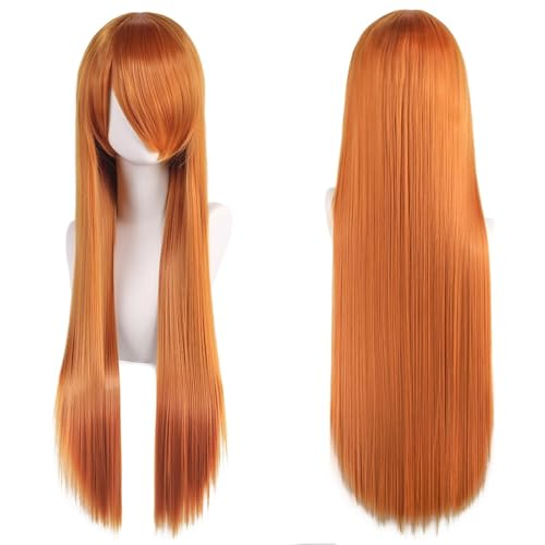 Haar Extensions Zopf Haarteil 32" 80cm Long Straight Natural Hair Cosplay Wigs with Bangs Heat Resistant Synthetic Colorful Halloween Cosplay Anime Costume Party Daily Use Wigs for Women, Light Gold(O von FVCTGHZ