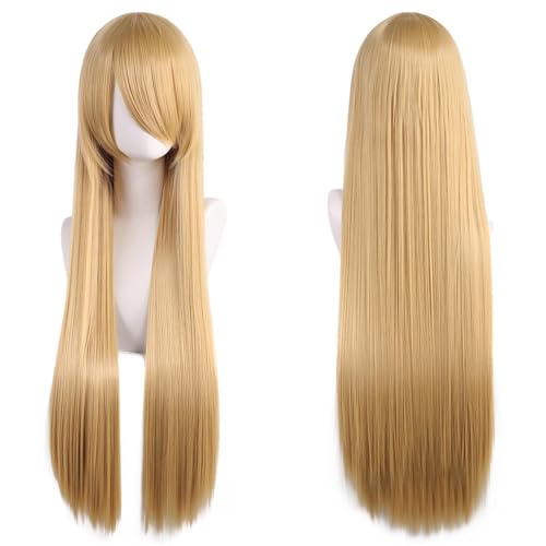 Haar Extensions Zopf Haarteil 32" 80cm Long Straight Natural Hair Cosplay Wigs with Bangs Heat Resistant Synthetic Colorful Halloween Cosplay Anime Costume Party Daily Use Wigs for Women, Light Gold(Y von FVCTGHZ