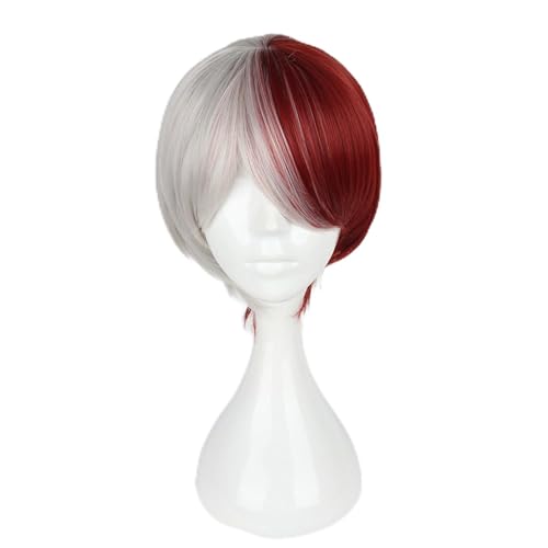 Haar Extensions Zopf Haarteil Half Silver Half Red Short Wig Cosplay Wig with Bangs Synthetic Wig Gradient Hero Wig Suitable for Halloween Christmas Party.(Short) von FVCTGHZ