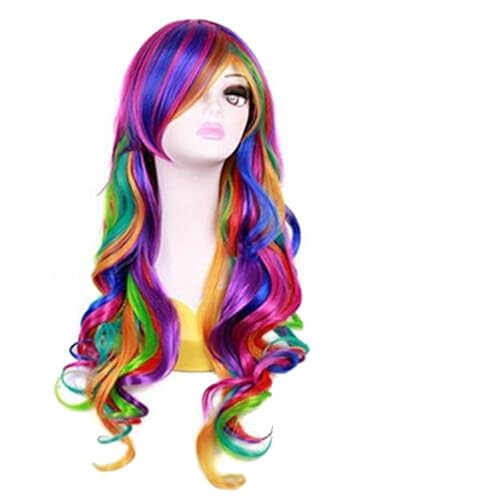 Haar Extensions Zopf Haarteil Women 27'' Long Rainbow Wig Colorful Cosplay Wavy Curly Party Wig Costume Heat Resistant von FVCTGHZ