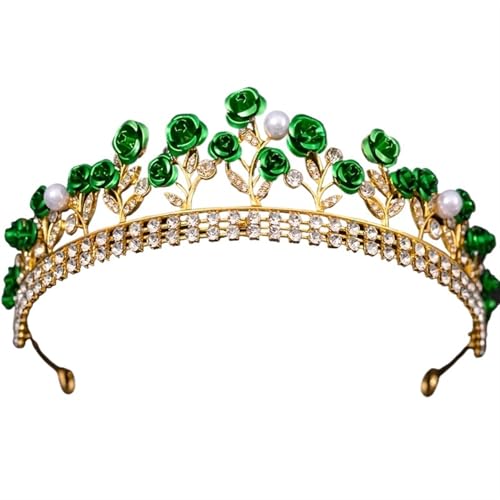 FVCTGHZ Kristall Perle Rose Crown Tiara for Frauen Braut Strass Prom Diadem Braut Hochzeit Haar Zubehör Schmuck Tiaras Und Kronen(Green) von FVCTGHZ