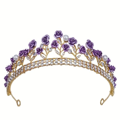 FVCTGHZ Kristall Perle Rose Crown Tiara for Frauen Braut Strass Prom Diadem Braut Hochzeit Haar Zubehör Schmuck Tiaras Und Kronen(Purple) von FVCTGHZ