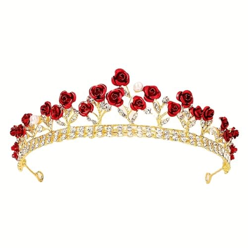Kristall Perle Rose Crown Tiara for Frauen Braut Strass Prom Diadem Braut Hochzeit Haar Zubehör Schmuck Tiaras Und Kronen(Red) von FVCTGHZ