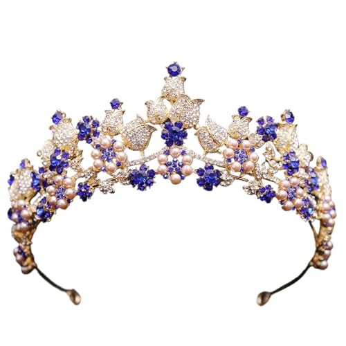Mode Braut Krone Strass Kristall Perlen Blume Diadem for Hochzeit Kleid Haar Schmuck Zubehör(Gold Blue) von FVCTGHZ