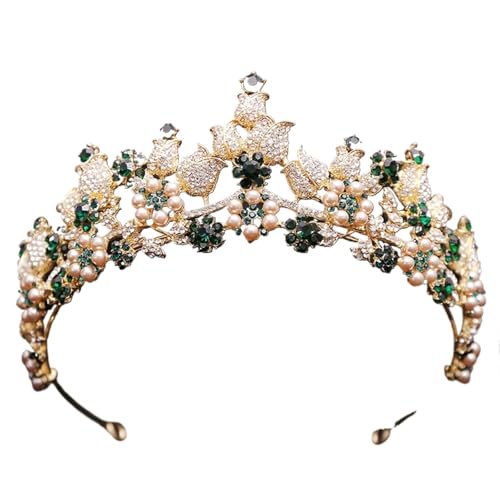 Mode Braut Krone Strass Kristall Perlen Blume Diadem for Hochzeit Kleid Haar Schmuck Zubehör(Gold Green) von FVCTGHZ