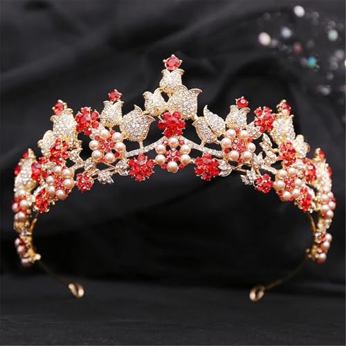 Mode Braut Krone Strass Kristall Perlen Blume Diadem for Hochzeit Kleid Haar Schmuck Zubehör(Gold Red) von FVCTGHZ
