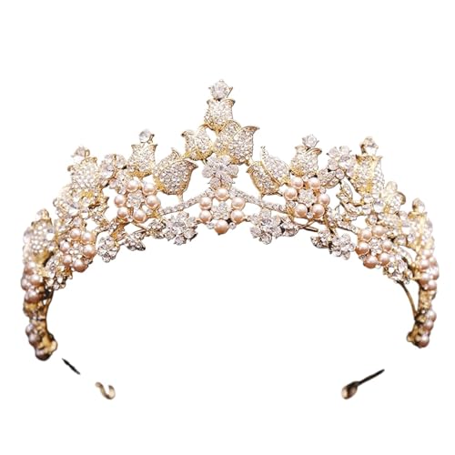Mode Braut Krone Strass Kristall Perlen Blume Diadem for Hochzeit Kleid Haar Schmuck Zubehör(Gold White) von FVCTGHZ
