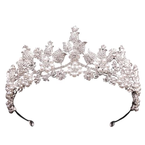 Mode Braut Krone Strass Kristall Perlen Blume Diadem for Hochzeit Kleid Haar Schmuck Zubehör(Silver White) von FVCTGHZ