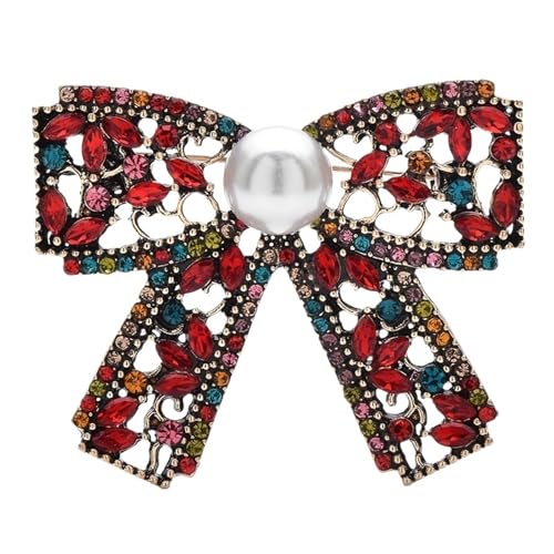 Vintage Bowknot Broschen for Frauen Unisex 4-farbige Strass Perle Schleife Party Casual Brosche Pins(RED 1PC) von FVCTGHZ