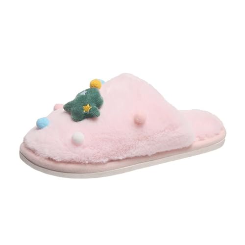 Weihnachts-Hausschuhe mit Weihnachtsmann-Motiv, Weihnachtsbaum, festliches Design, Hausschuhe aus Kunstfell for Erwachsene(Pink,8.5-9.5 Women/7.5-8.5 Men) von FVCTGHZ