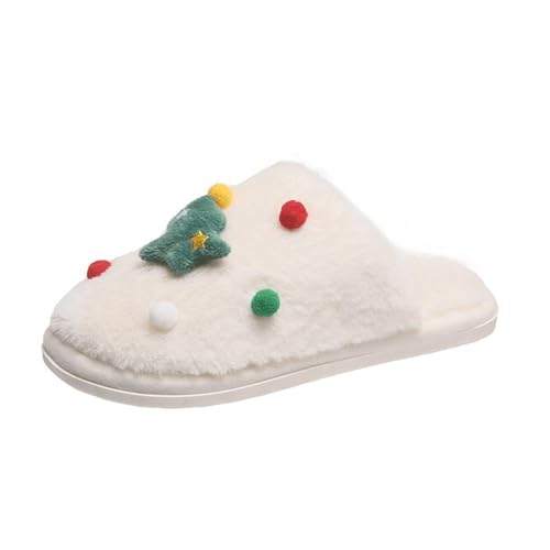 Weihnachts-Hausschuhe mit Weihnachtsmann-Motiv, Weihnachtsbaum, festliches Design, Hausschuhe aus Kunstfell for Erwachsene(White,11-12.5 Women/10-11.5 Men) von FVCTGHZ