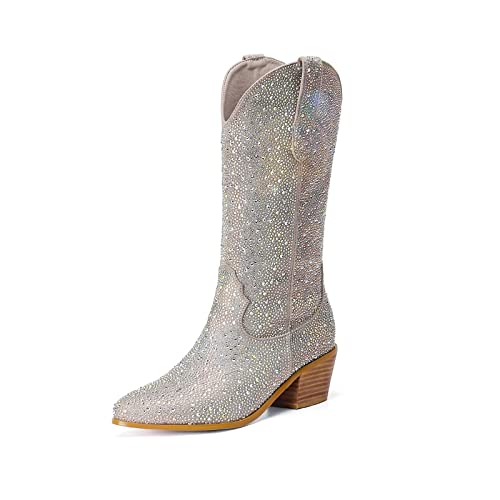 FVEPOMM Bestickte Western-Cowboystiefel für Damen, Cowgirl-Stiefel, mittelhoher Rohr, spitzer Zehenbereich, klobiger Absatz, glänzend, Vintage-Stil, goldfarben, Rz-Silber, 39 EU FVEPOMM Bestickte Western-Cowboystiefel für Damen, Cowgirl-Stiefel, mittelhoher Rohr, spitzer Zehenbereich, klobiger Absatz, glänzend, Vintage-Stil, goldfarben, Rz-Silber, 39 EU von FVEPOMM
