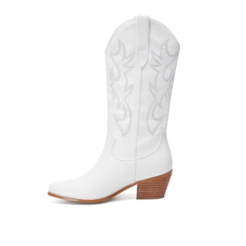 FVEPOMM Bestickte Western-Cowboystiefel für Damen, Cowgirl-Stiefel, mittelhoher Rohr, spitzer Zehenbereich, klobiger Absatz, glänzend, Vintage-Stil, goldfarben, Z-weiß, 37.5 EU FVEPOMM Bestickte Western-Cowboystiefel für Damen, Cowgirl-Stiefel, mittelhoher Rohr, spitzer Zehenbereich, klobiger Absatz, glänzend, Vintage-Stil, goldfarben, Z-weiß, 37.5 EU von FVEPOMM