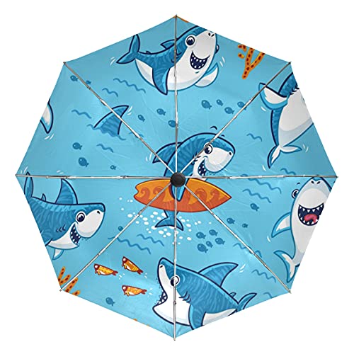 Cartoon Blauer Haifisch Regenschirm Automatik Auf-Zu UV-Schutz Taschenschirm Umbrella Klein Leicht Schirme für Jungen Mädchen Reise Strand Frauen von FVFV