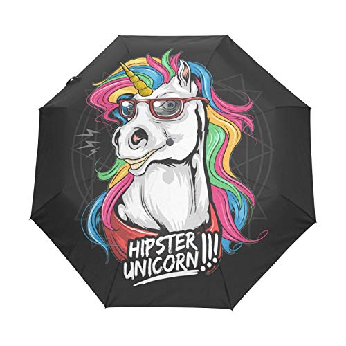 Einhorn Hipster Regenbogen Einhorn Regenschirm Taschenschirm Automatische Umbrella Winddichte Sonnenschutz Regenschirme Taschenschirme für Damen Herren von FVFV