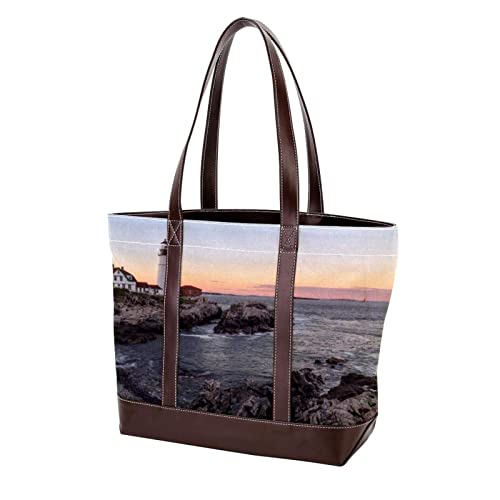 FVQL Einkaufstasche, große Damen-Umhängetasche, lässig, Handtasche, wiederverwendbare Einkaufstasche, Sonnenuntergang und Leuchtturmmuster von FVQL