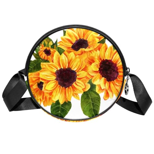 FVQL Runde Umhängetasche, runde Umhängetasche Handtasche, Blumenmalerei Sonnenblume mit Blumen und Blättern von FVQL