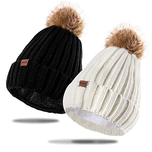 FVXYnnv 2 Stücke Bommel Strickmütze Damen Winter Beanie Mütze Schwarz Weiß Bommelmütze Slouch Wintermütze mit Warme Gefütterte von FVXYnnv