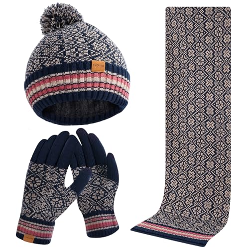 FVXYnnv Winter Beanie Mütze Schal Handschuhe Kombi Set - Fleece Innenfutter Knitted Hat, Warme Touchscreen Gloves, Weiche Lange Scarf für Damen Herren (Marine) von FVXYnnv