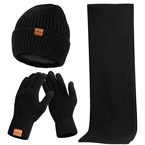 FVXYnnv Winter Beanie Mütze Schal Handschuhe Kombi Set - Fleece Innenfutter Knitted Hat, Warme Touchscreen Gloves, Weiche Lange Scarf für Damen Herren (Schwarz) von FVXYnnv