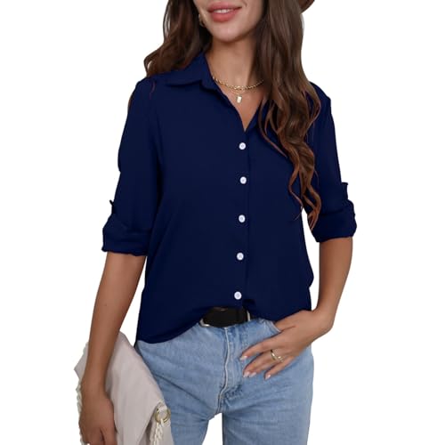 FWAY Damen Hemd Freizeit Bluse 3/4 Ärmel Chiffon Elegant Hemdbluse zum Knöpfen V-Ausschnitt Langarmshirt Causal Oberteile Oberteil Shirt von FWAY