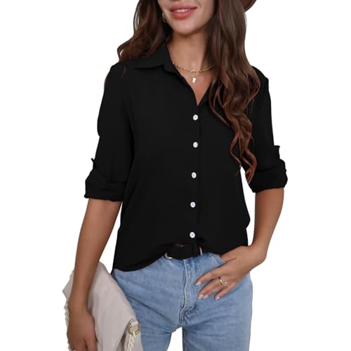 FWAY Damen Hemd Freizeit Bluse 3/4 Ärmel Chiffon Elegant Hemdbluse zum Knöpfen V-Ausschnitt Langarmshirt Causal Oberteile Oberteil Shirt von FWAY