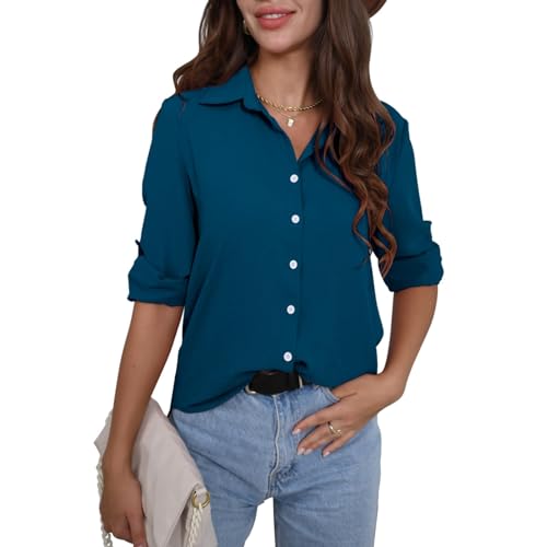 FWAY Damen Hemd Freizeit Bluse 3/4 Ärmel Chiffon Elegant Hemdbluse zum Knöpfen V-Ausschnitt Langarmshirt Causal Oberteile Oberteil Shirt von FWAY