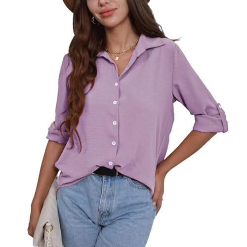 FWAY Damen Hemd Freizeit Bluse 3/4 Ärmel Chiffon Elegant Hemdbluse zum Knöpfen V-Ausschnitt Langarmshirt Causal Oberteile Oberteil Shirt von FWAY