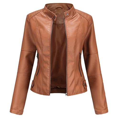 FWAY Damen Lederjacke Kurz Bikerjacke Übergangsjacke aus Kunstleder mit Reißverschluss für Herbst von FWAY