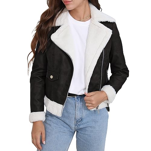 FWAY Damen Lederjacke Kurz Motorrad Kunstpelz Jacke mit Reißverschluss Kunstpelz Kragen Mantel Winter von FWAY