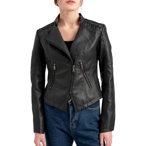 FWAY Damen Mode Lederjacke Kunstleder Reißverschluss Langarm Moto Biker Kurzer Mantel Biker Outwear Jacket von FWAY