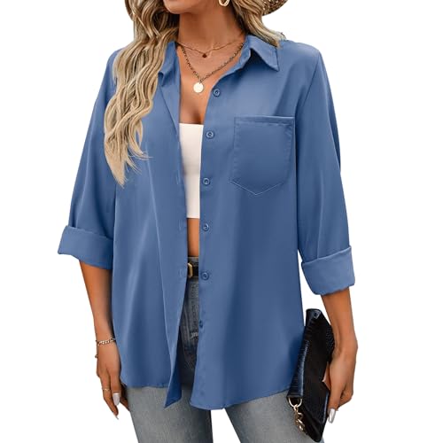 FWAY Damen Shirt Bluse Casual Langarm Elegante Bluse Shirt V-Ausschnitt Business Tops mit Brusttasche von FWAY