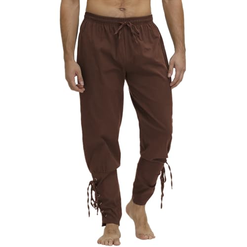 FWHFNB Piratenhose,Herren Mittelalter Hose,Vintage Freizeithose,Leinenhose mit Schnürung,Leinen Hose mit Taschen,Renaissance Steampunk Freizeithose,für Cosplay,Karneval (XXL, Braun) von FWHFNB