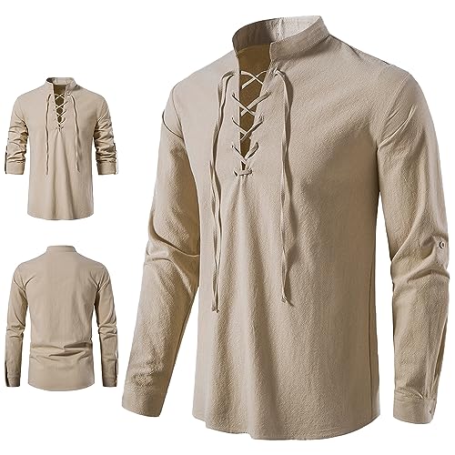 Leinenhemd,Hemd Herren,Buissnes Leinenhemd,Freizeithemd,Traditioneller Retro-Stil Schnürung Langarm Shirt (XL, Khaki) von FWHFNB