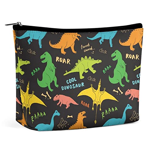 Coole Bunte Dinosaurier-Make-up-Tasche, Tropische Cartoon-Reise-Make-up-Tasche, PU-Leder-Make-up-Tasche, Kosmetiktasche für Geldbörse, tragbare Kulturtasche, Indoor-Make-up-Taschen für Frauen von FWJZDSP