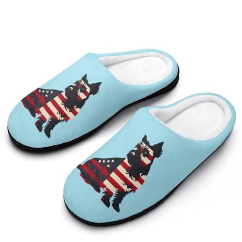 FWJZDSP Animal World 4. Juli Patriotischer Hund Scottish Terrier Herren-Baumwoll-Hausschuhe mit geschlossener Zehenpartie, rutschfeste, leichte Hausschuhe für drinnen und draußen von FWJZDSP