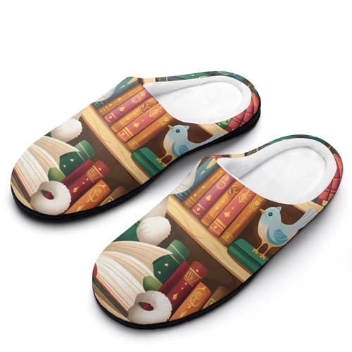 FWJZDSP Bibliothek Bücherregal Schöne Katze Herren Baumwollpantoffeln Geschlossene Zehen Hausschuhe Rutschfeste Leichte Hausschuhe für Drinnen Draußen von FWJZDSP