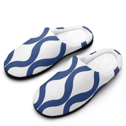 FWJZDSP Blaue Baumwoll-Hausschuhe mit geometrischem Gittermuster für Herren, geschlossene Zehenpartie, rutschfeste, leichte Hausschuhe für drinnen und draußen von FWJZDSP