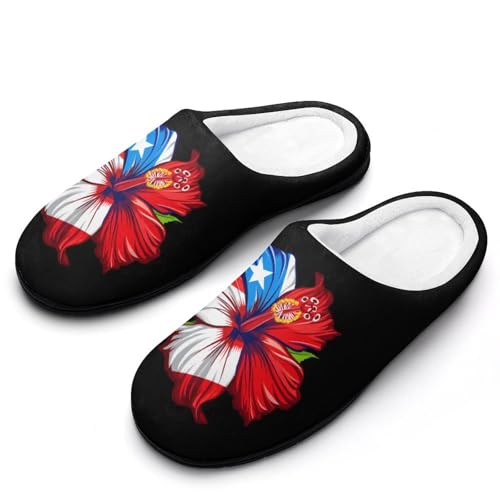 FWJZDSP PR State Culture Roots Amapola Boricua Flag Hibiscus Damen-Baumwollpantoffeln, weiche Hausschuhe mit geschlossener Zehenpartie, rutschfeste Hausschuhe für drinnen und draußen von FWJZDSP