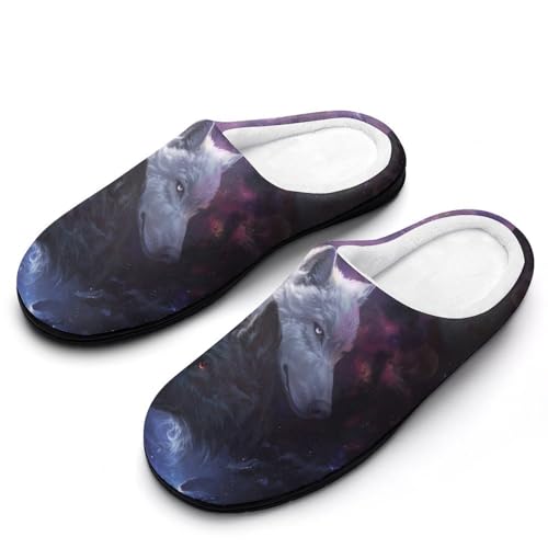 FWJZDSP Schwarz-weißer Wolf Herren-Hausschuhe aus Baumwolle mit geschlossener Zehenpartie, rutschfeste, leichte Hausschuhe für drinnen und draußen von FWJZDSP