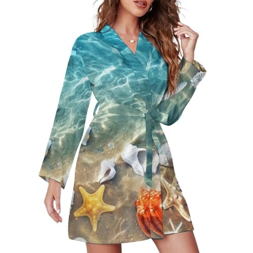 FWJZDSP Seestern-Korallen und Muscheln im Meerwasser, Damen-Nachthemd, langärmelig, V-Ausschnitt, Nachtwäsche, lässiges Pyjama-Kleid von FWJZDSP