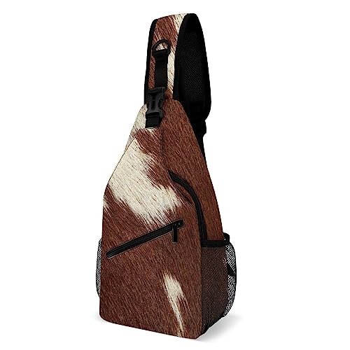 FWJZDSP Sling Bag Fell Rindsleder Kuh Print Damen Herren Umhängetasche Braun Weiß Punkte Verstellbarer Sling Rucksack Brusttasche zum Wandern von FWJZDSP