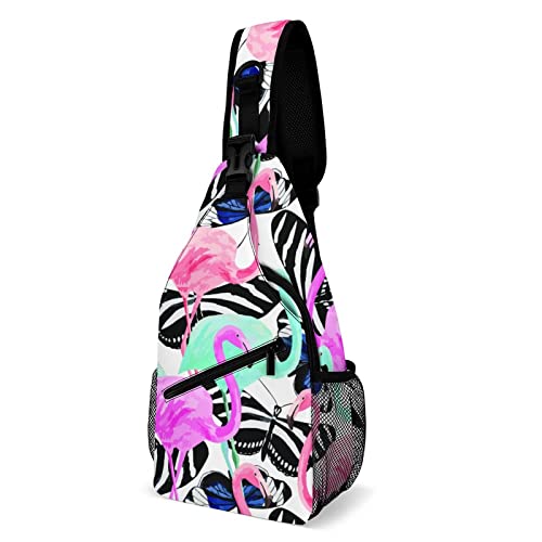 FWJZDSP Umhängetasche mit schwarzen und weißen Schmetterlingen für Damen, bunte Flamingos, verstellbarer Umhängetasche, Brust-Schulter-Tagesrucksack, Brusttasche für Geschenkreisen von FWJZDSP
